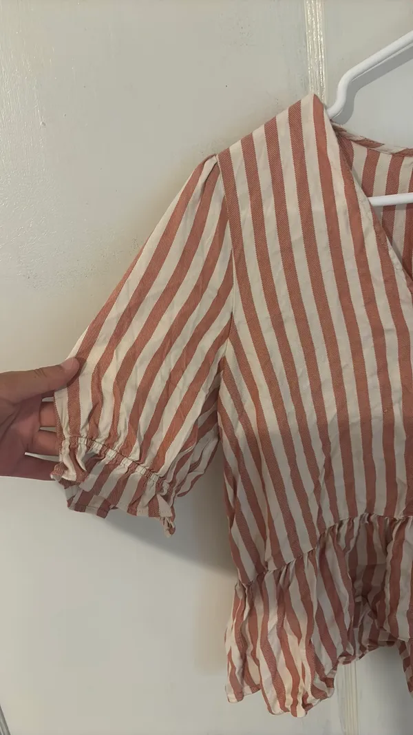 Madewell Blouse Pink Striped White Ruffle Bottom Medium - Image 6