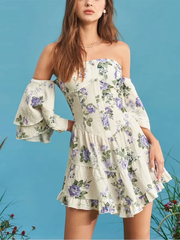 Cider FLORAL RUFFLE SLEEVE LAYERED MINI DRESS - Image 6