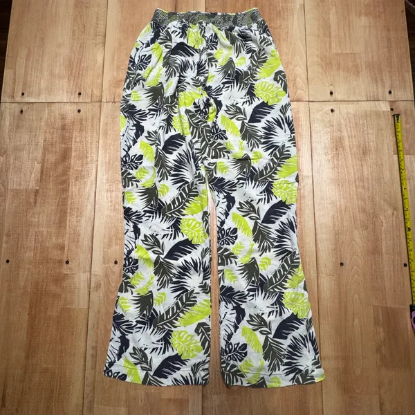 Nature Studio Tropical Leaf Print Smocked Waist Rayon Wide‎ Leg Pants XL Green - Image 6