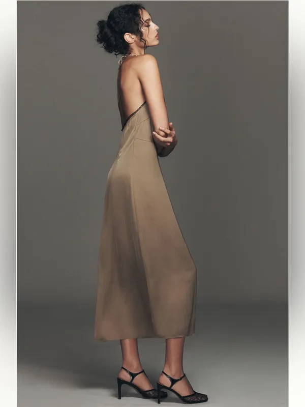 ANTHROPOLOGIE Lace Halter Midi Satin Slip Dress Taupe Size XL NEW - Image 6