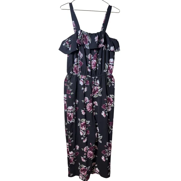 No Boundaries Floral Ruffle Cold Shoulder Jumpsuit XL 15-17 Black Pink Wide Leg - Image 3