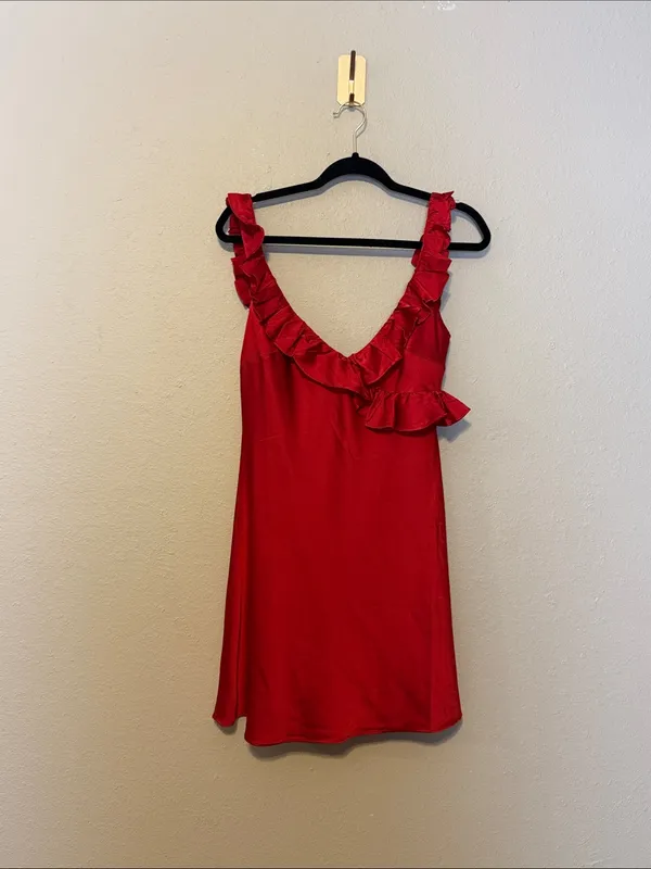 Selfie Leslie Alba Frill Trim Mini‎ Dress In Cherry Red Size Medium NWT - Image 5
