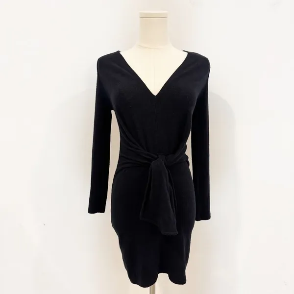 Free People Ginger Dress Size XS Black Cozy Knit Tie Waist‎ V Neck Mini Bodycon - Image 2