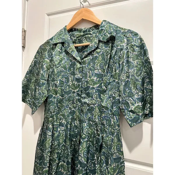 Vintage Handmade Green‎ Paisley Shirt Dress Short Sleeve Pleated A-Line Midi - Image 4