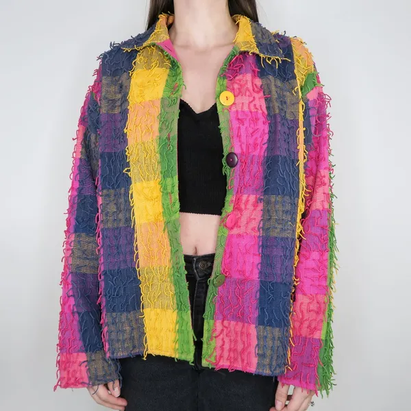 Vintage Keren Hart Colorblock Stringy Fringe Shaggy Rag Jacket - Image 6