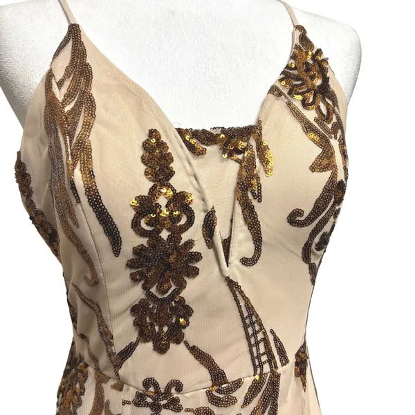 Windsor Sequin Maxi Dress Gold Bronze Damask Formal Prom Gown Art Deco Glam L - Image 2