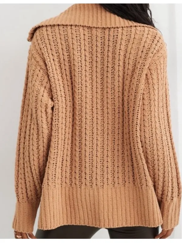 Aerie Cable Car Knit Quarter Zip Pullover Sweater Warm Camel size Medium $98 - Image 2