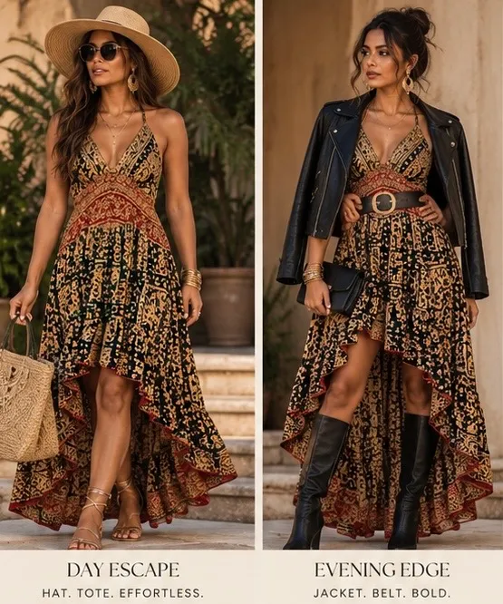 Bohemian Indian Silk V-Neck High-Low Maxi Dress - Image 2