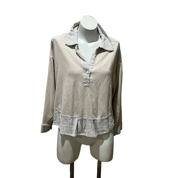 Bohme Womens Collared Henley Pullover Sweatshirt Beige Contrast Trim S - Image 6