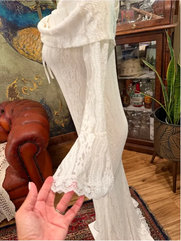 White Lace Off Shoulder Maxi Dress Bell Sleeve Wedding Bridal Slit Boho Medium - Image 4