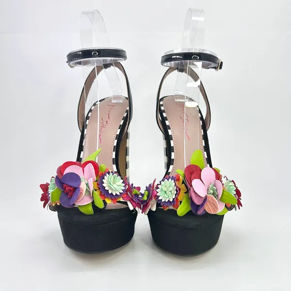 Betsey Johnson Carra Platform Heels Size 9 Black Floral Striped Cocktail Sandals - Image 2