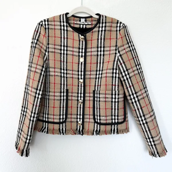 NWOT Burberry Beige Vintage Check Plaid Collarless Jacket Blazer in Tan Plaid - Image 5