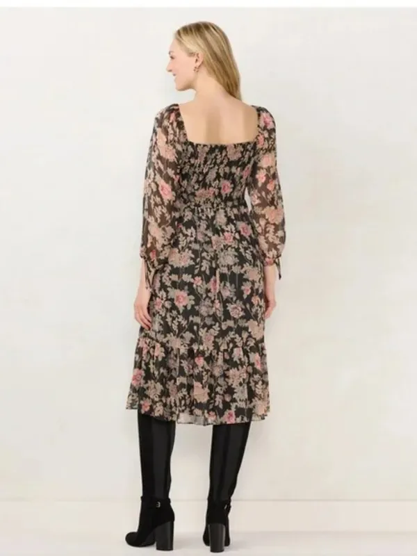 LC Lauren Conrad Black Pink Floral Cottage Romantic Smocked Bodice Midi Dress - Image 3