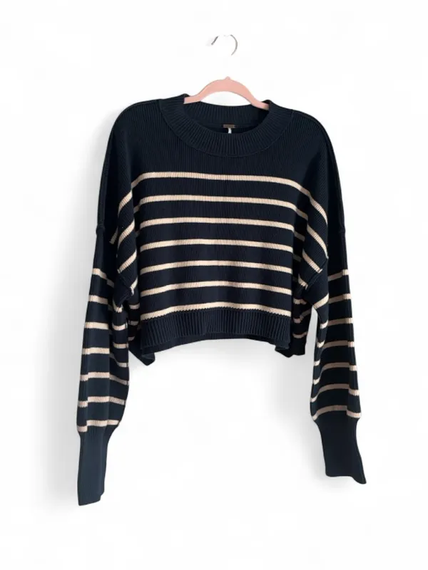 Free People Easy Street Navy and Cream Stripe Crop Pullover Sweater Size L - Image 4
