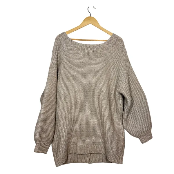 Pink Lily Knit Cardigan Sweater Womens Large‎ Tan V-Neck Drop Shoulder Preppy - Image 2