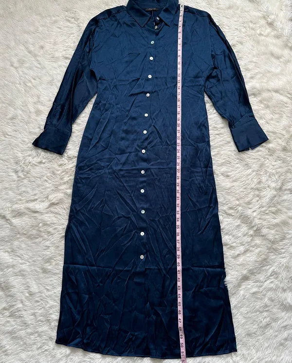 Dress Satin Button-Front Midi Classic Indigo 8 NWT New - Image 13
