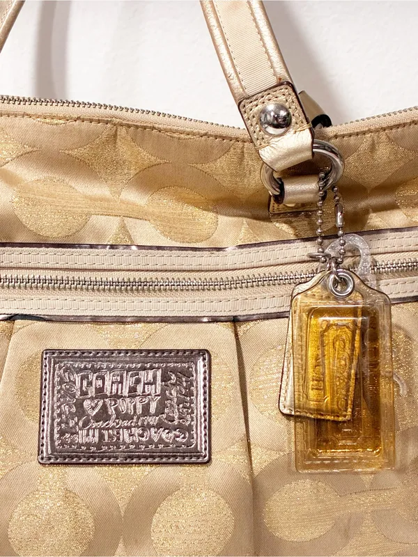 Coach 15865 Gold Beige Jacquard Poppy Op Art Glam Tote Handbag Purse Metallic - Image 2