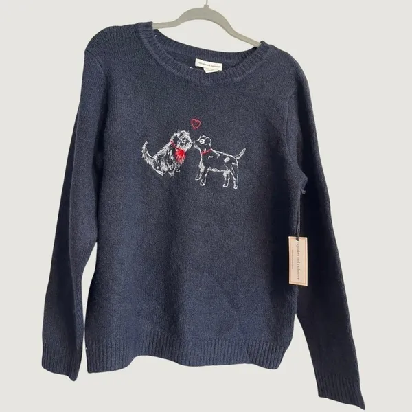 Cupcakes and Cashmere Navy Blue Dog Puppy Love Heart Embroidered Knit Sweater L - Image 2