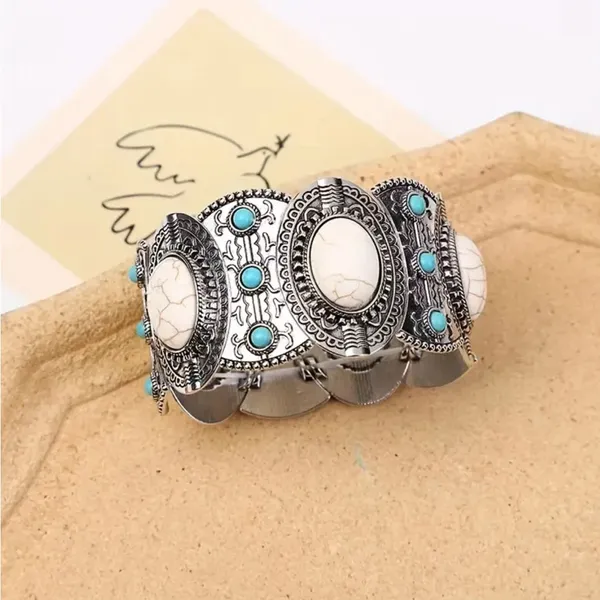 Bohemian Retro Style Silver Color Elastic‎ Women's Turquoise Bracelet - Image 8
