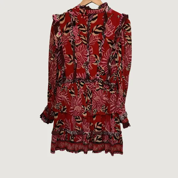 Farm Rio Red Tropical Tapestry Ruffle Tiered Mini Dress XS Floral Long Sleeve - Image 5