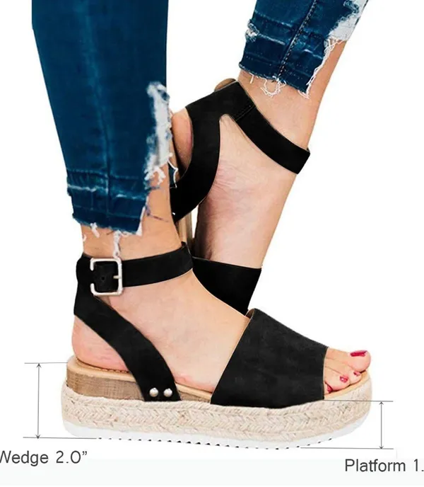 SheIn Black Open Toe Buckle Ankle Strap Espadrilles Flatform Wedge Casual Sandal - Image 6