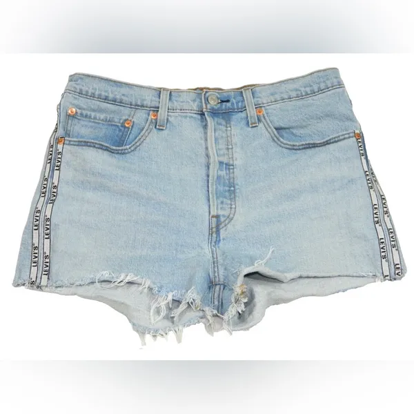 Levi's Light Blue Jean Shorts with Frayed Hem - Image 2