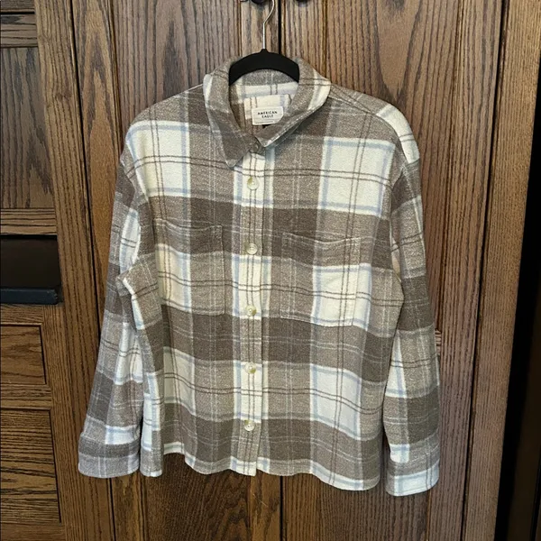American Eagle Oversized Plaid Shirt‎ Jacket Fleece Brown White Blue Size Medium - Image 4
