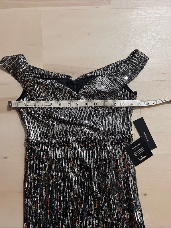Lulus NWT Women Small Shiny Silver Off the Shoulder Sequin Mini Party Dress - Image 7