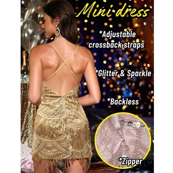 Kaei&Shi Gold Sequin Fringe Mini Dress XL NWT Backless Flapper Party Dress - Image 3
