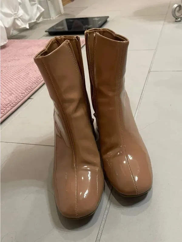 Steve Madden Glossy Camel Patent Block Heel Ankle Boots - Image 3