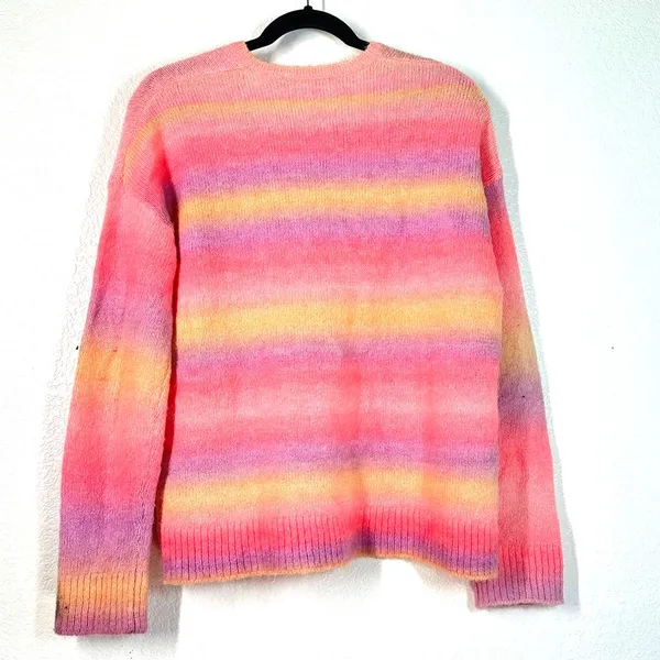 L Lilly Pulitzer Chiya Sweater fuzzy pastel rainbow stripe wool V-neck pink - Image 3