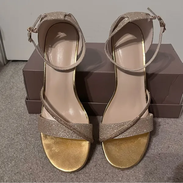 Women’s Champagne Glitter Open-Toe Low-Heeled Ankle Strap Sandals - Image 5