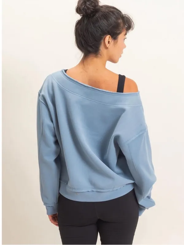 NEW Double Zero Dusty Blue Raw Edge Off Shoulder Sweatshirt – Medium - Image 5