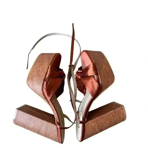 Lulu’s Lucianto Copper Satin Ankle Strap Wooden Platform Sandals SZ 6 - Image 9