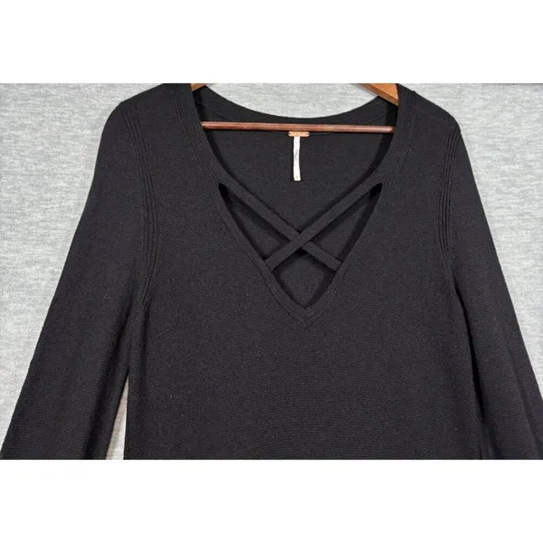 Free People Womens V-Neck Black Long Sleeve Sweater Tunic Dress M‎ - Image 7