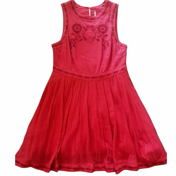 Free People Red Birds of a Feather Embroidered Mini Dress 12 Boho Folk Romantic - Image 8