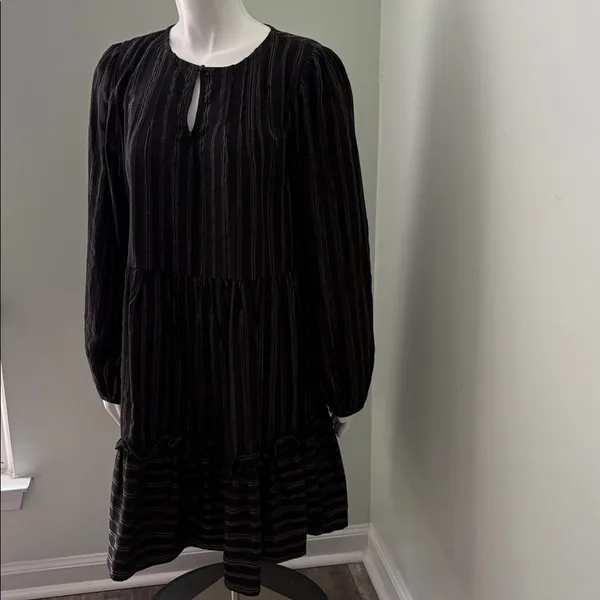 ANTHROPOLOGIE Black Metallic Long Sleeve Pippa Tiered Tunic Dress Medium - Image 3