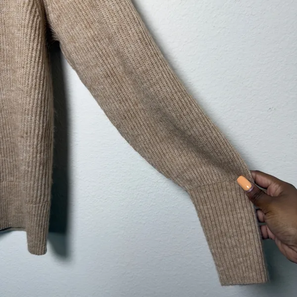 Quince Women Merino Wool Alpaca Sweater Large Tan‎ Ribbed Cowl Neck Raglan L - Image 3