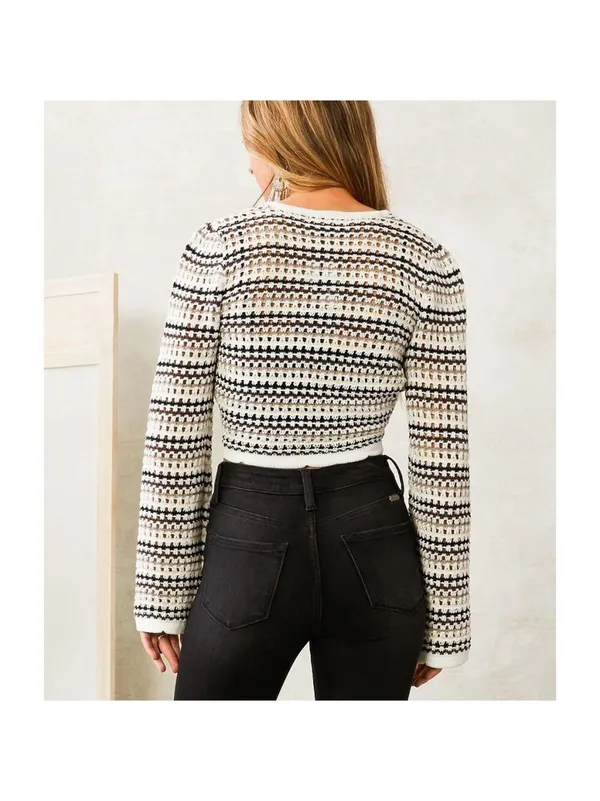 Emory Park Boho Feminine Crochet Knit Cream Multicolored Cropped Sweater - Image 4