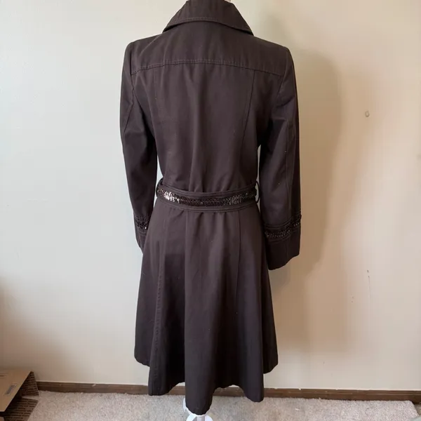 Zara Women 100% Cotton Trench Coat L Brown Sequin Belt Ruffle Collar Classic - Image 10