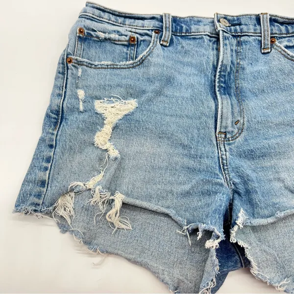 Abercrombie & Fitch High Rise Mom Lt Blue Factory Distressed Cutoff Jean Short - Image 4