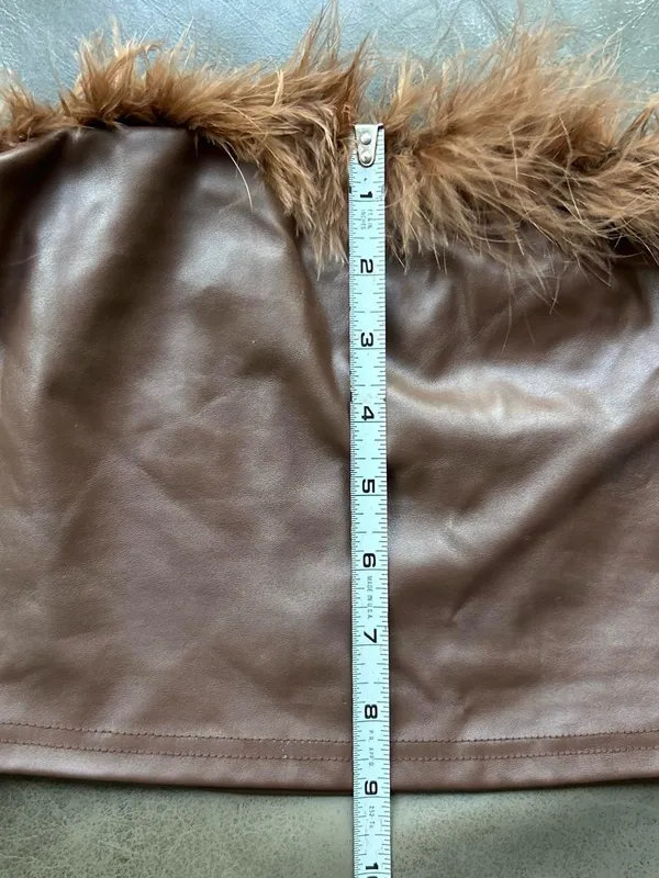SHEIN Brown Faux Leather Feather-Trim Crop Top - Image 7
