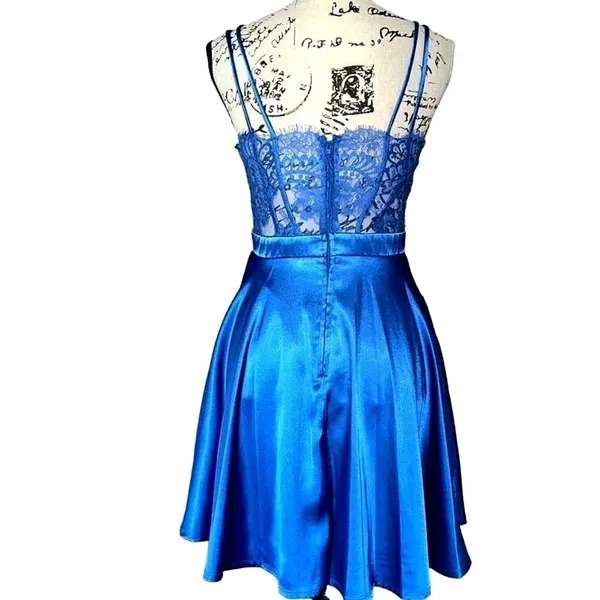 City Studio Royal Blue Satin Lace Back Fit and Flare Mini Dress Pockets Size 5 - Image 2