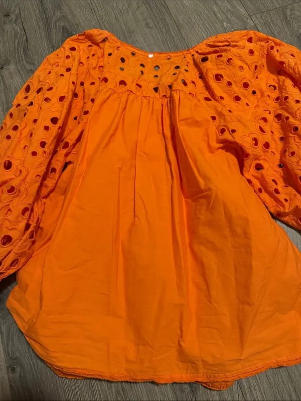 Anthropologie Bright Orange Eyelet Puff-Sleeve Peasant Blouse - Image 3