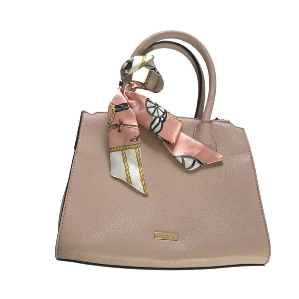 ALDO Womens Taupe Tan Satchel Handbag Structured Tote Shoulder Purse Scarf Charm - Image 4