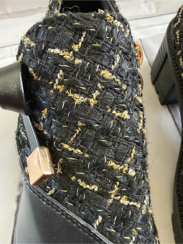 SHEIN Black Tweed Lace-Up Chunky Heel Boots with Gold Accents - Image 14