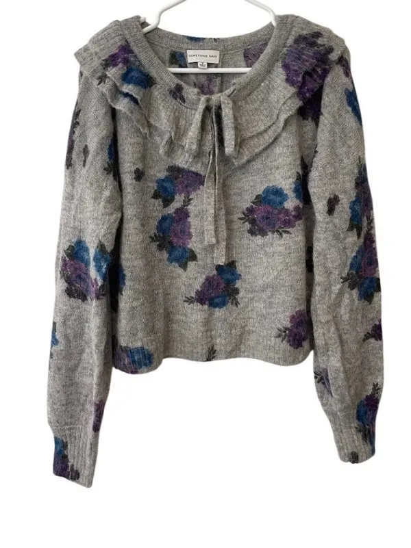 Something Navy Gray Floral Ruffle Tie-Front Sweater - Image 8