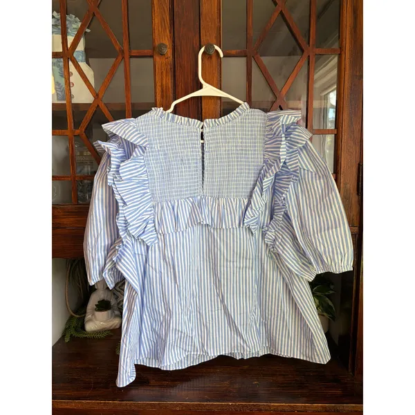 English Factory‎ Blue White Striped Smocked Ruffle Puff Sleeve Top - Image 3