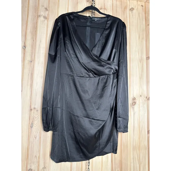 NWT Lulus Late Night Rendezvous Black Satin Long Sleeve Dress Party LBD Size XL - Image 2