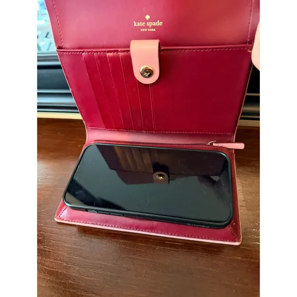 Kate Spade Wallet Women OS Pink Leather‎ Bifold Phone Case Clutch Burgundy - Image 8
